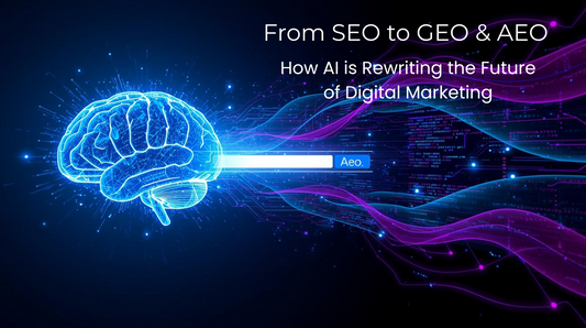 Futuristic digital marketing concept showing the evolution from traditional SEO to AI-driven GEO and AEO, with glowing neural networks, binary code waves, and holographic search interfaces in blue and purple tones.