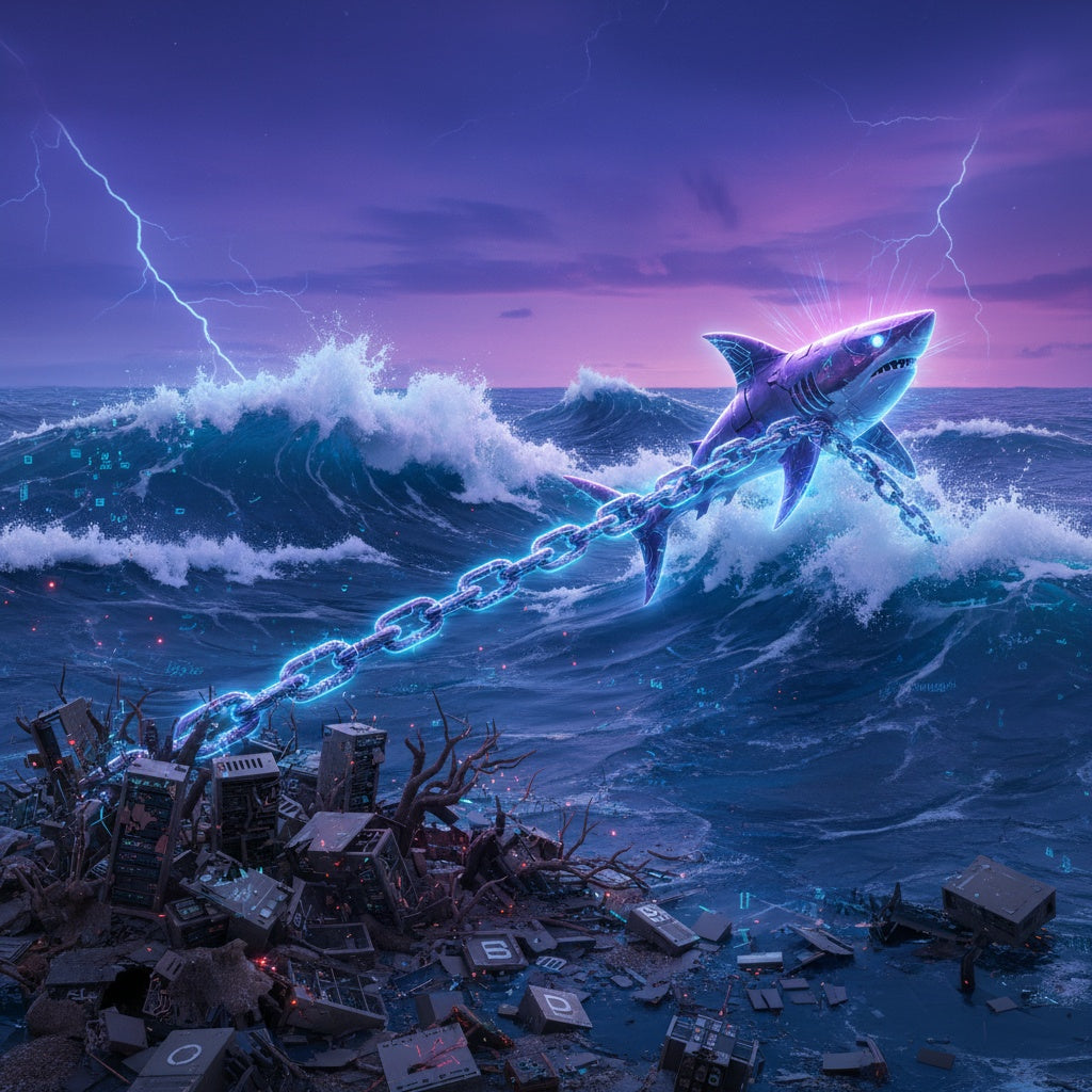 Futuristic digital ocean scene in neon blue and purple, with a glowing chain symbolizing backlinks being pulled by a powerful shark toward broken websites in a coral reef, representing the difficulty of building backlinks.