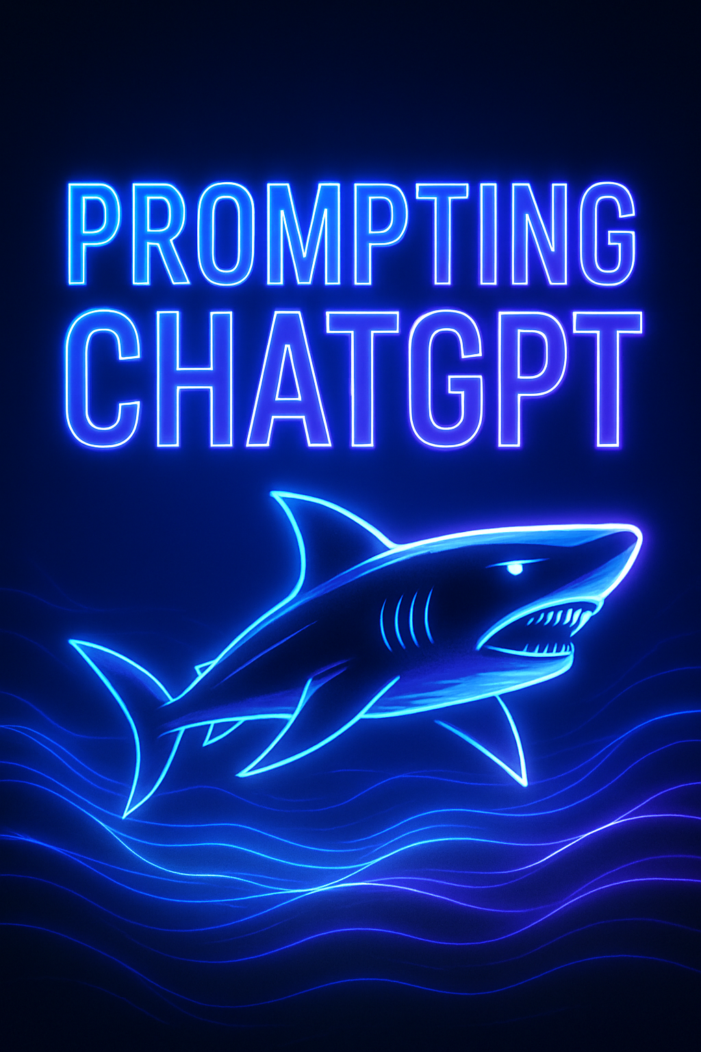 Neon digital illustration of a bold 3D shark glowing in blue and purple BrandorAI colors, swimming through futuristic waves with a cyberpunk ocean aesthetic.