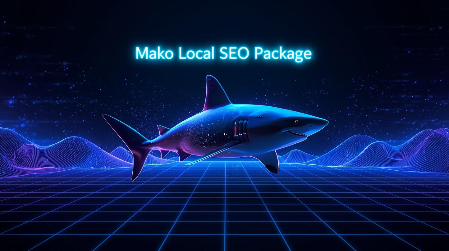 Shark in a futuristic underwater setting with 'Mako Local SEO Package' text.