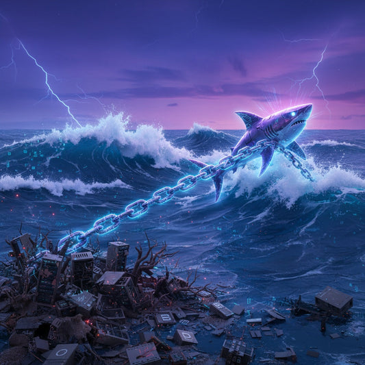 Futuristic digital ocean scene in neon blue and purple, with a glowing chain symbolizing backlinks being pulled by a powerful shark toward broken websites in a coral reef, representing the difficulty of building backlinks.