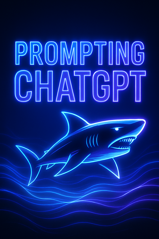 Neon digital illustration of a bold 3D shark glowing in blue and purple BrandorAI colors, swimming through futuristic waves with a cyberpunk ocean aesthetic.
