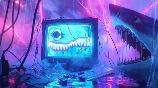 Illustration of a broken computer representing a dead website, with a shark head beside it symbolizing BrandorAI’s power in AI-driven digital marketing.